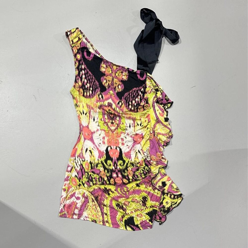 Baby Phat One Shoulder Abstract Ruffle Top with Black Ribbon